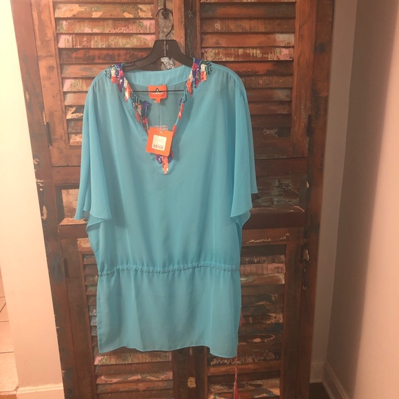 Kaftan Bebe En Soie Perlé - Taille Small, Couleur Bleu Aqua, Occasion Très Bon état